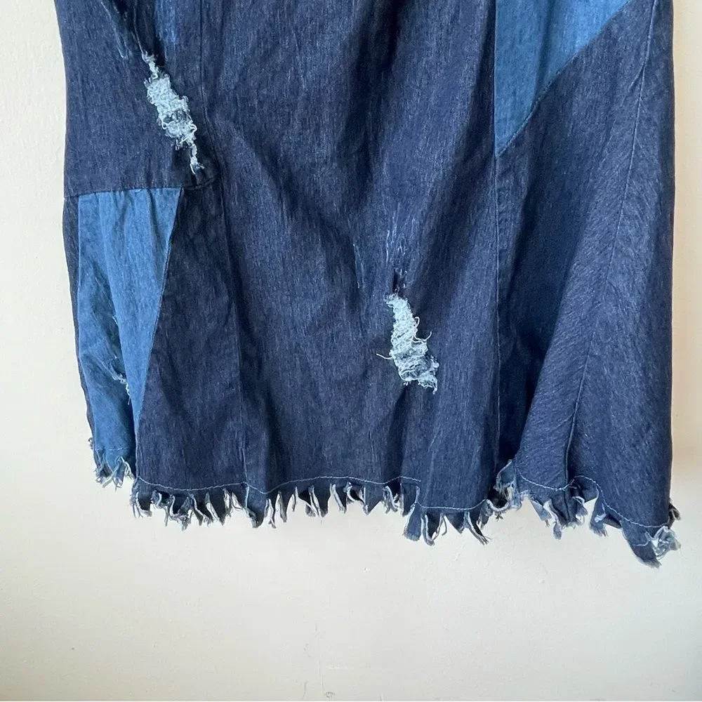 TOUCH ME Patchwork Distressed Denim Jean‎ Maxi Skirt Size large